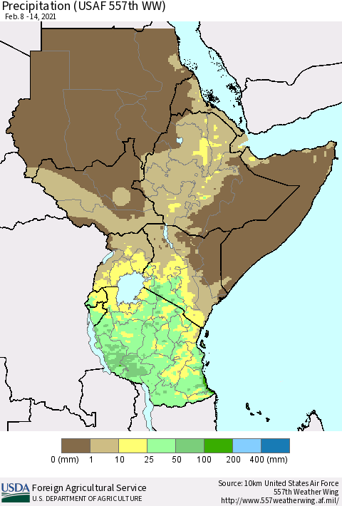 Eastern Africa Precipitation (USAF 557th WW) Thematic Map For 2/8/2021 - 2/14/2021