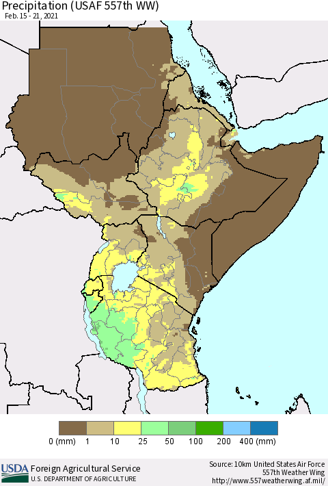 Eastern Africa Precipitation (USAF 557th WW) Thematic Map For 2/15/2021 - 2/21/2021