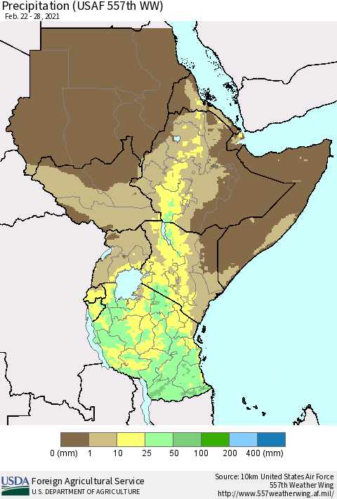 Eastern Africa Precipitation (USAF 557th WW) Thematic Map For 2/22/2021 - 2/28/2021