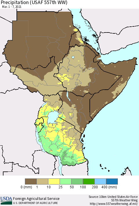 Eastern Africa Precipitation (USAF 557th WW) Thematic Map For 3/1/2021 - 3/7/2021