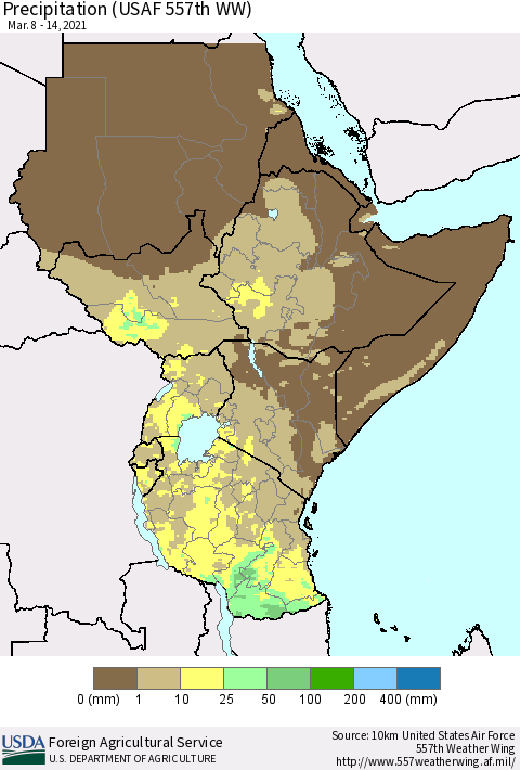 Eastern Africa Precipitation (USAF 557th WW) Thematic Map For 3/8/2021 - 3/14/2021