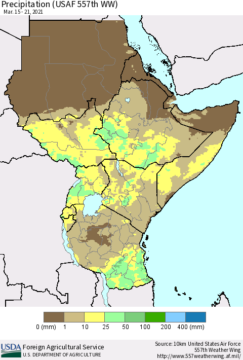 Eastern Africa Precipitation (USAF 557th WW) Thematic Map For 3/15/2021 - 3/21/2021