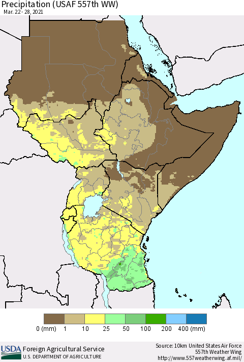 Eastern Africa Precipitation (USAF 557th WW) Thematic Map For 3/22/2021 - 3/28/2021