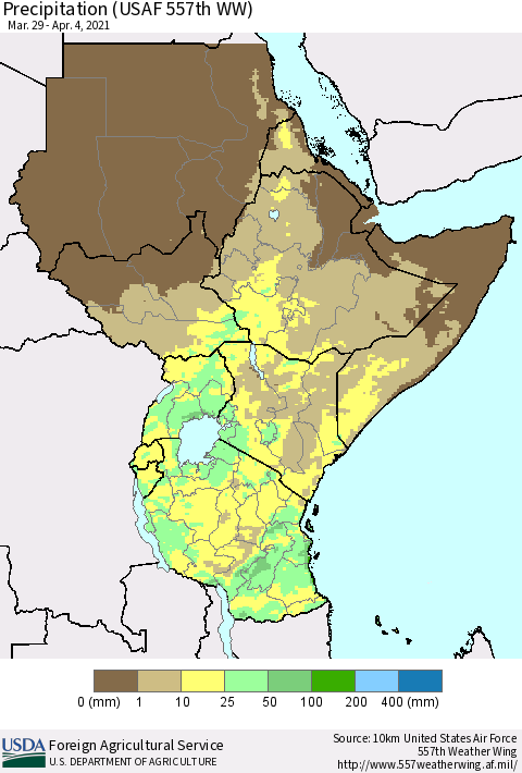 Eastern Africa Precipitation (USAF 557th WW) Thematic Map For 3/29/2021 - 4/4/2021