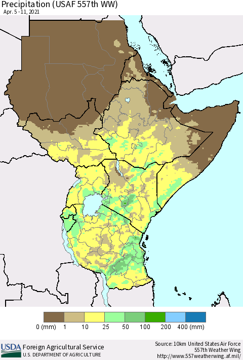 Eastern Africa Precipitation (USAF 557th WW) Thematic Map For 4/5/2021 - 4/11/2021
