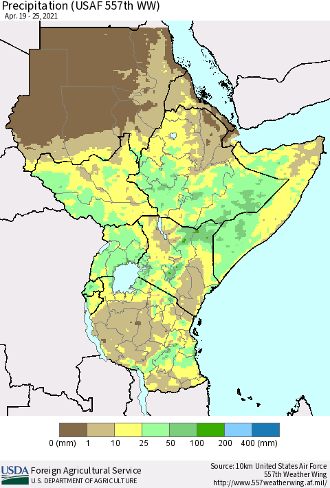 Eastern Africa Precipitation (USAF 557th WW) Thematic Map For 4/19/2021 - 4/25/2021