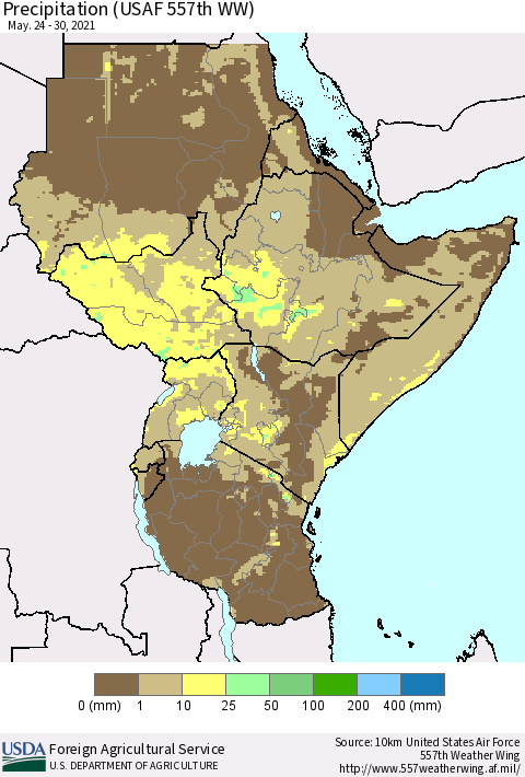 Eastern Africa Precipitation (USAF 557th WW) Thematic Map For 5/24/2021 - 5/30/2021
