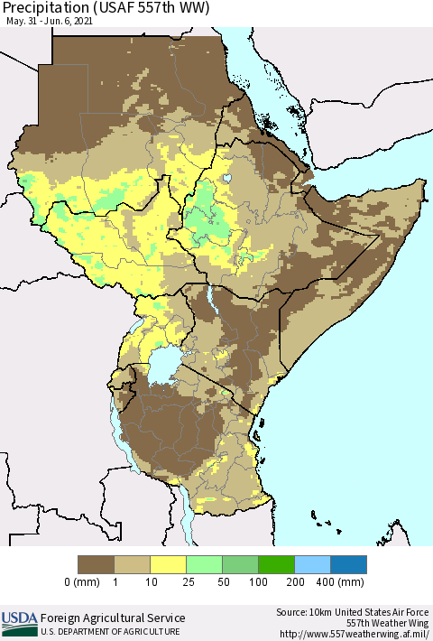 Eastern Africa Precipitation (USAF 557th WW) Thematic Map For 5/31/2021 - 6/6/2021