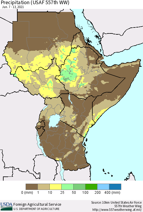 Eastern Africa Precipitation (USAF 557th WW) Thematic Map For 6/7/2021 - 6/13/2021