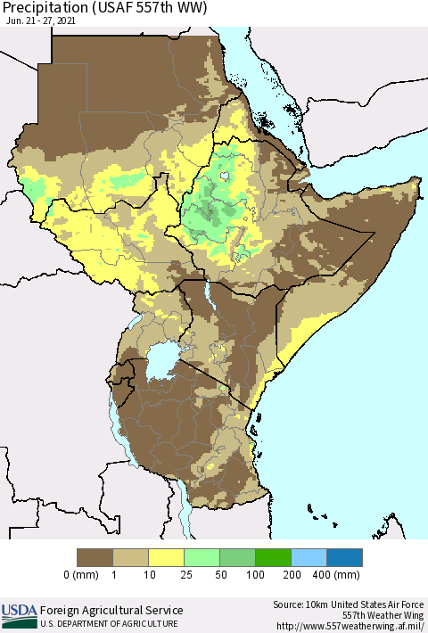 Eastern Africa Precipitation (USAF 557th WW) Thematic Map For 6/21/2021 - 6/27/2021