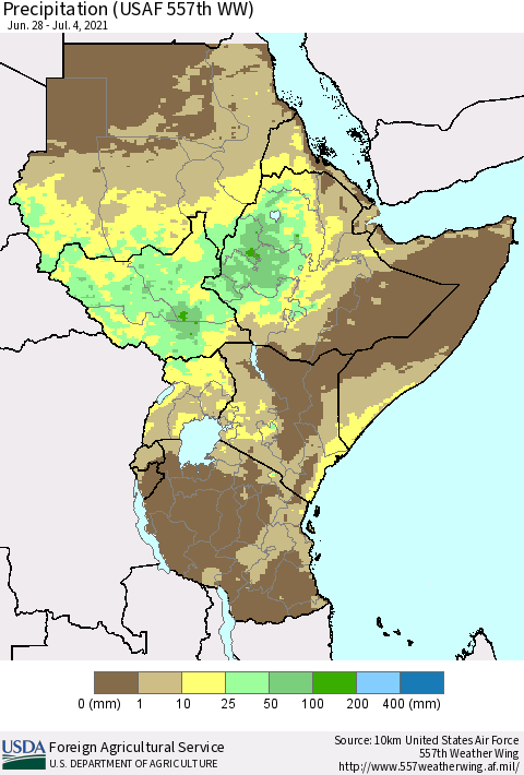 Eastern Africa Precipitation (USAF 557th WW) Thematic Map For 6/28/2021 - 7/4/2021