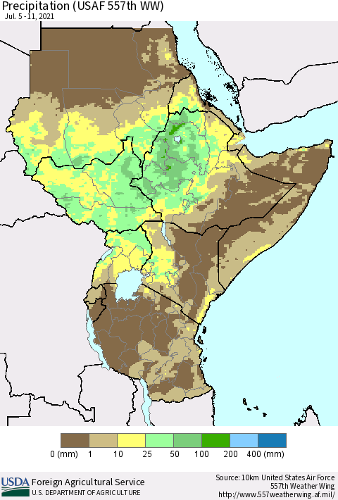 Eastern Africa Precipitation (USAF 557th WW) Thematic Map For 7/5/2021 - 7/11/2021