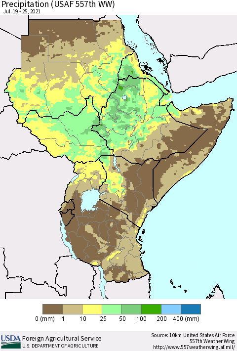 Eastern Africa Precipitation (USAF 557th WW) Thematic Map For 7/19/2021 - 7/25/2021