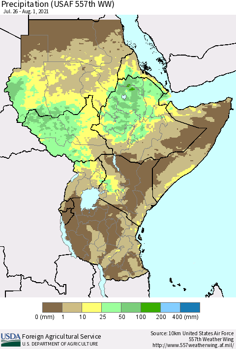 Eastern Africa Precipitation (USAF 557th WW) Thematic Map For 7/26/2021 - 8/1/2021