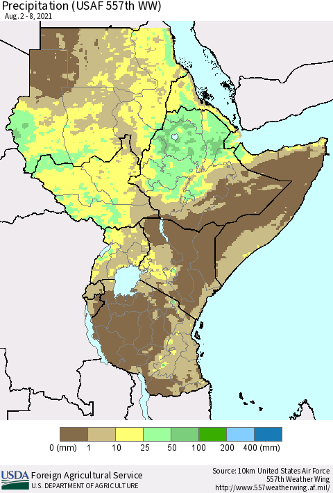 Eastern Africa Precipitation (USAF 557th WW) Thematic Map For 8/2/2021 - 8/8/2021