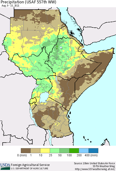 Eastern Africa Precipitation (USAF 557th WW) Thematic Map For 8/9/2021 - 8/15/2021