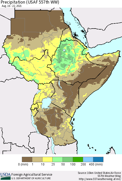 Eastern Africa Precipitation (USAF 557th WW) Thematic Map For 8/16/2021 - 8/22/2021