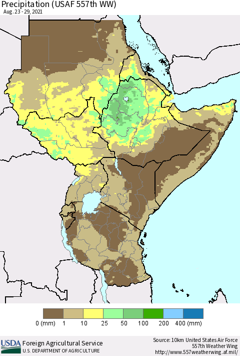 Eastern Africa Precipitation (USAF 557th WW) Thematic Map For 8/23/2021 - 8/29/2021