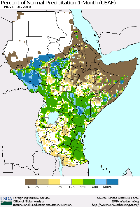 Eastern Africa Percent of Normal Precipitation 1-Month (USAF) Thematic Map For 3/1/2018 - 3/31/2018