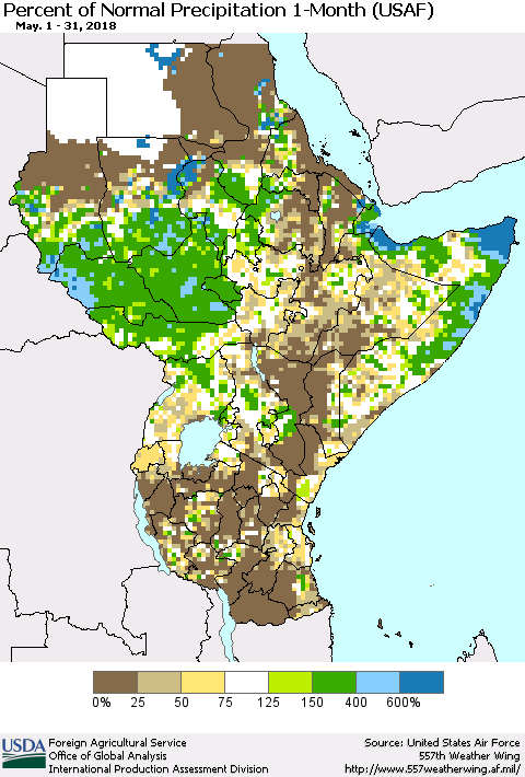 Eastern Africa Percent of Normal Precipitation 1-Month (USAF) Thematic Map For 5/1/2018 - 5/31/2018