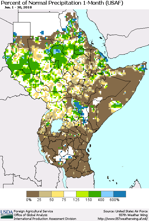 Eastern Africa Percent of Normal Precipitation 1-Month (USAF) Thematic Map For 6/1/2018 - 6/30/2018