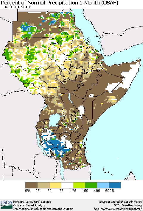 Eastern Africa Percent of Normal Precipitation 1-Month (USAF) Thematic Map For 7/1/2018 - 7/31/2018