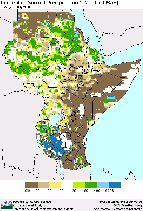 Eastern Africa Percent of Normal Precipitation 1-Month (USAF) Thematic Map For 8/1/2018 - 8/31/2018