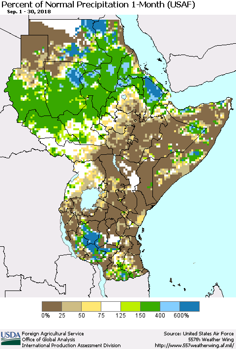 Eastern Africa Percent of Normal Precipitation 1-Month (USAF) Thematic Map For 9/1/2018 - 9/30/2018