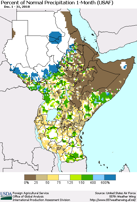 Eastern Africa Percent of Normal Precipitation 1-Month (USAF) Thematic Map For 12/1/2018 - 12/31/2018