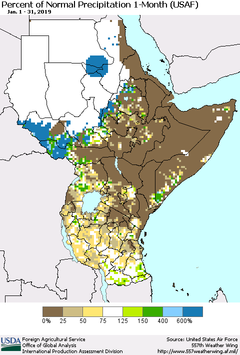 Eastern Africa Percent of Normal Precipitation 1-Month (USAF) Thematic Map For 1/1/2019 - 1/31/2019