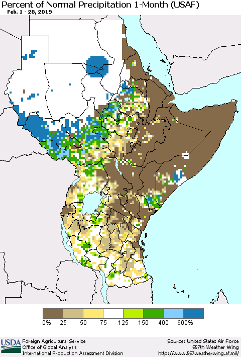 Eastern Africa Percent of Normal Precipitation 1-Month (USAF) Thematic Map For 2/1/2019 - 2/28/2019