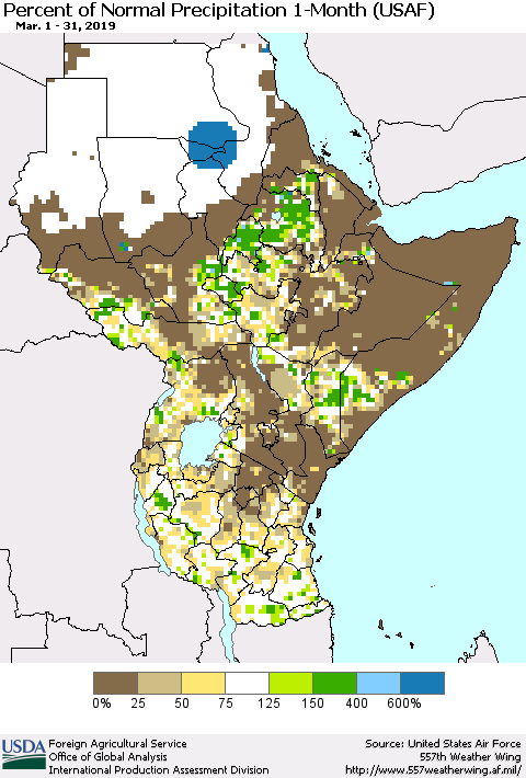 Eastern Africa Percent of Normal Precipitation 1-Month (USAF) Thematic Map For 3/1/2019 - 3/31/2019
