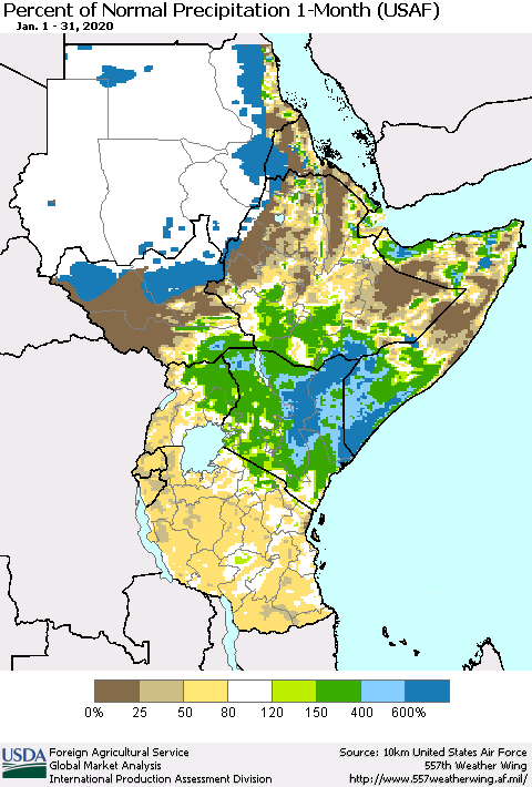 Eastern Africa Percent of Normal Precipitation 1-Month (USAF) Thematic Map For 1/1/2020 - 1/31/2020