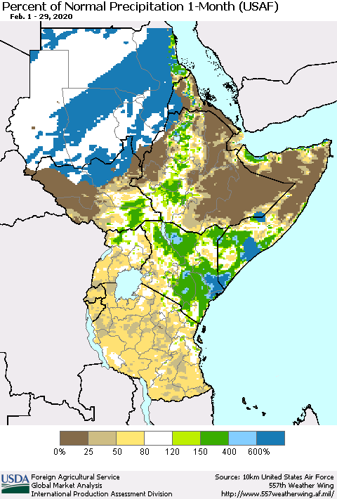 Eastern Africa Percent of Normal Precipitation 1-Month (USAF) Thematic Map For 2/1/2020 - 2/29/2020