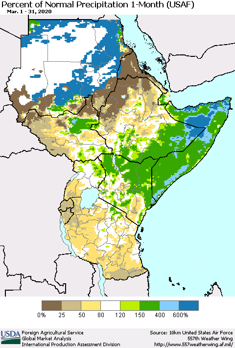 Eastern Africa Percent of Normal Precipitation 1-Month (USAF) Thematic Map For 3/1/2020 - 3/31/2020