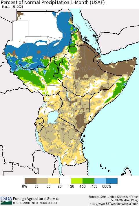 Eastern Africa Percent of Normal Precipitation 1-Month (USAF) Thematic Map For 3/1/2021 - 3/31/2021