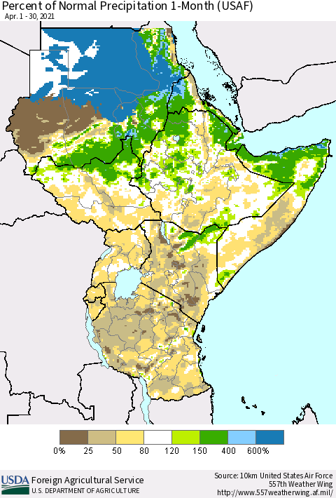 Eastern Africa Percent of Normal Precipitation 1-Month (USAF) Thematic Map For 4/1/2021 - 4/30/2021