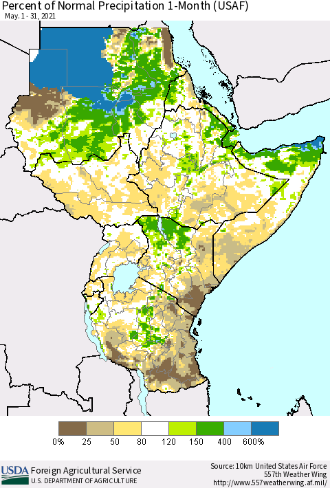 Eastern Africa Percent of Normal Precipitation 1-Month (USAF) Thematic Map For 5/1/2021 - 5/31/2021