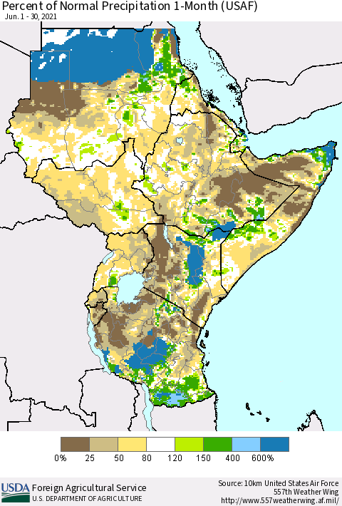 Eastern Africa Percent of Normal Precipitation 1-Month (USAF) Thematic Map For 6/1/2021 - 6/30/2021