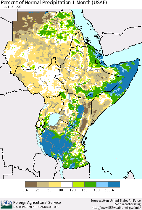 Eastern Africa Percent of Normal Precipitation 1-Month (USAF) Thematic Map For 7/1/2021 - 7/31/2021