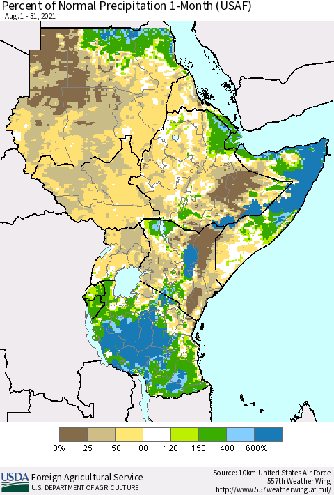 Eastern Africa Percent of Normal Precipitation 1-Month (USAF) Thematic Map For 8/1/2021 - 8/31/2021