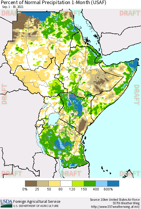 Eastern Africa Percent of Normal Precipitation 1-Month (USAF) Thematic Map For 9/1/2021 - 9/30/2021