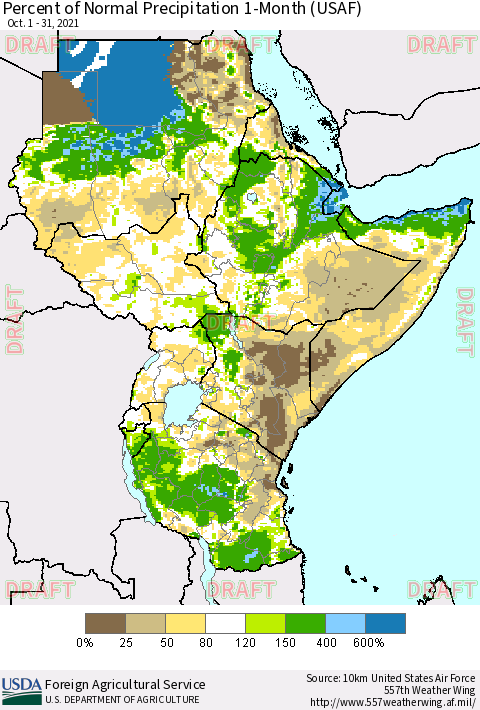 Eastern Africa Percent of Normal Precipitation 1-Month (USAF) Thematic Map For 10/1/2021 - 10/31/2021