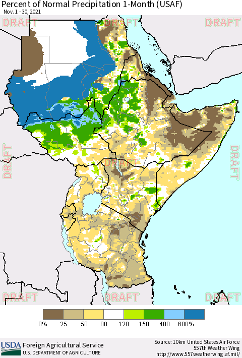 Eastern Africa Percent of Normal Precipitation 1-Month (USAF) Thematic Map For 11/1/2021 - 11/30/2021
