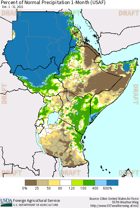 Eastern Africa Percent of Normal Precipitation 1-Month (USAF) Thematic Map For 12/1/2021 - 12/31/2021
