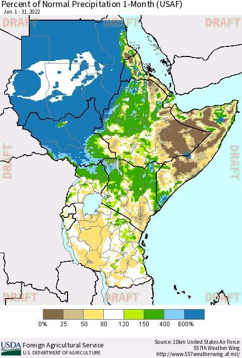Eastern Africa Percent of Normal Precipitation 1-Month (USAF) Thematic Map For 1/1/2022 - 1/31/2022