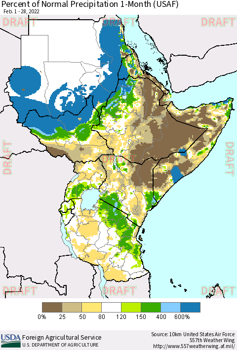 Eastern Africa Percent of Normal Precipitation 1-Month (USAF) Thematic Map For 2/1/2022 - 2/28/2022