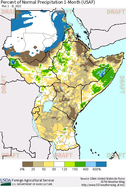 Eastern Africa Percent of Normal Precipitation 1-Month (USAF) Thematic Map For 3/1/2022 - 3/31/2022