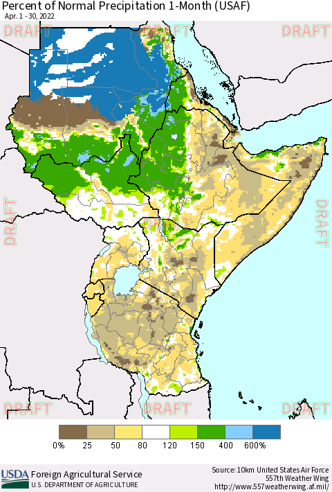 Eastern Africa Percent of Normal Precipitation 1-Month (USAF) Thematic Map For 4/1/2022 - 4/30/2022