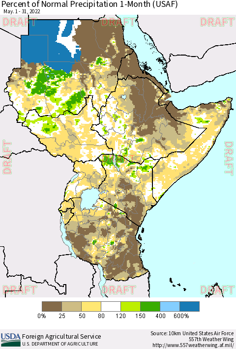 Eastern Africa Percent of Normal Precipitation 1-Month (USAF) Thematic Map For 5/1/2022 - 5/31/2022